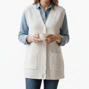 [Carre Noir] White Knit Cardigan Button Down Vest Front Pockets Medium